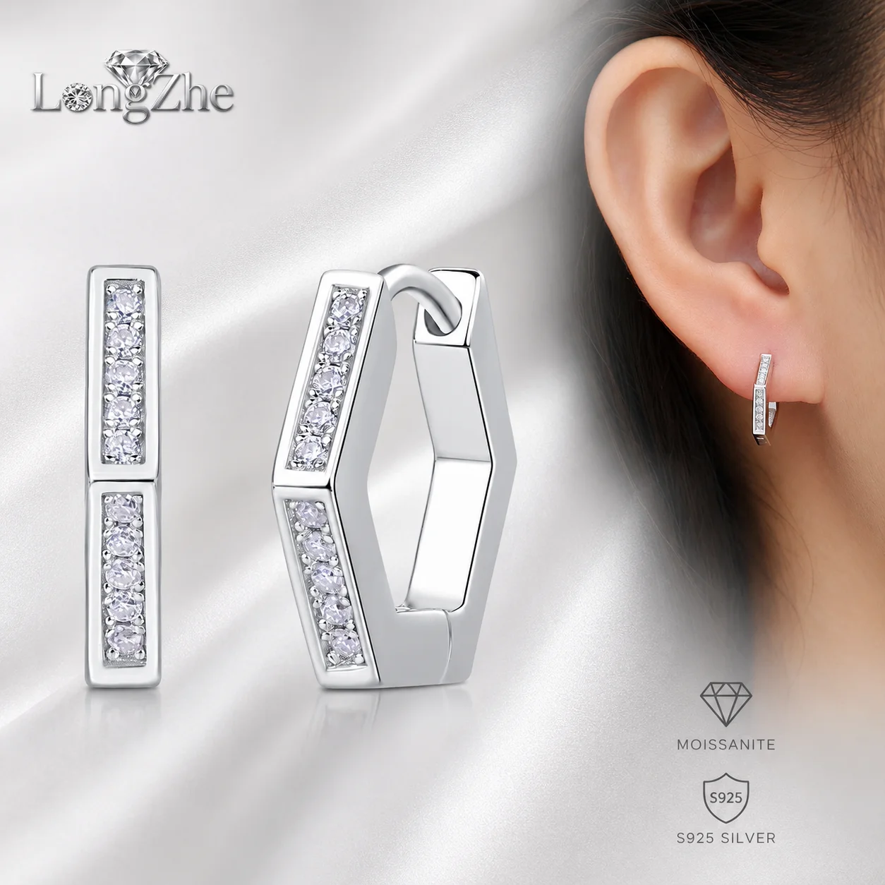 Moissanite Huggie Hoop Earrings for Women S925 Sterling Silver 18K White Gold Plated Geometric Hexagon D Color VVS1