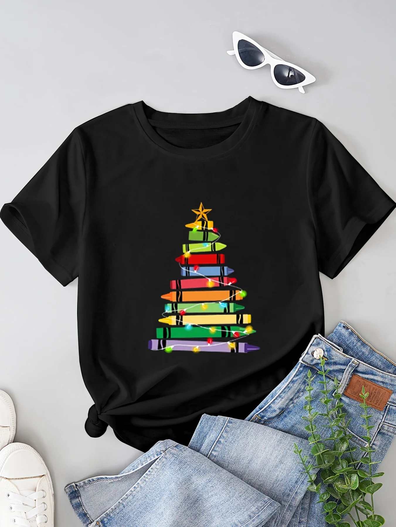 Sleeve T-Shirt for Women Casual Crew Neck Christmas Crayon Tree Light Teacher Gift Student Graphic Harajuku Short Sleeve Casual