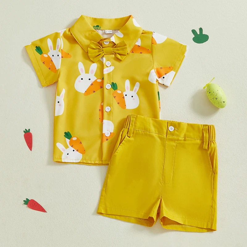 Tregren Infant Baby Boy Easter Outfit Short Sleeve Lapel Bunny Carrot Print Tops + Shorts 2pcs Sets Toddler Gentlemen Clothes