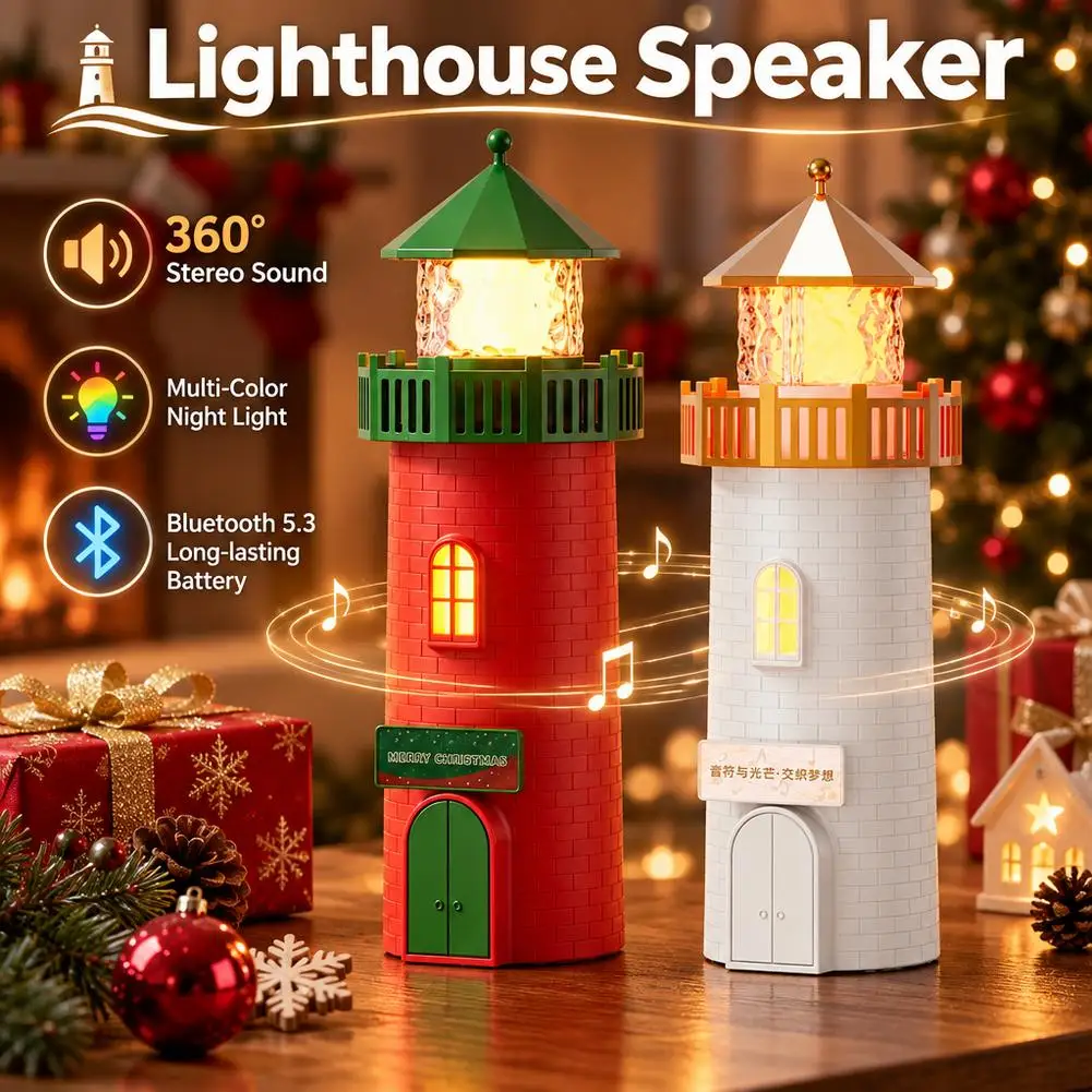 Lighthouse Shape Bluetooth 5.3 Speaker Dual Atmosphere Light 1200mAh 5W Rechargeable Non-Slip Sponge Base Wireless Audio Lamp
