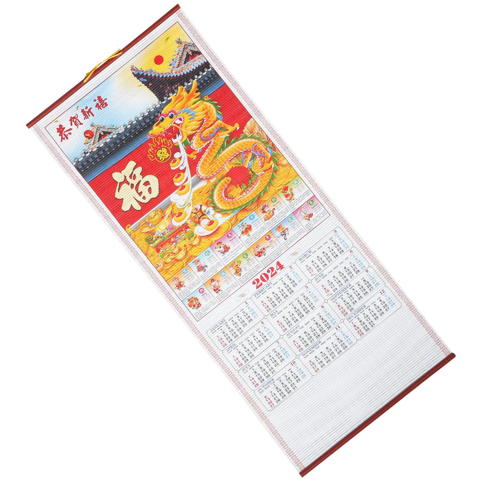 

2024 Dragon Pattern Wall Hanging Calendar Chinese Traditional Lunar Date Calendar Planner Monthly Yearly Organizer