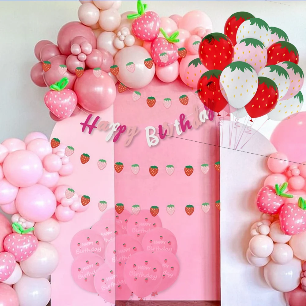 30,5 cm großer Latexballon mit Erdbeerthema, hawaiianische Party-Dekoration, Obst, Erdbeere, Ananas, Papierstränge, Blume, Kinder-Birt – Detail 1