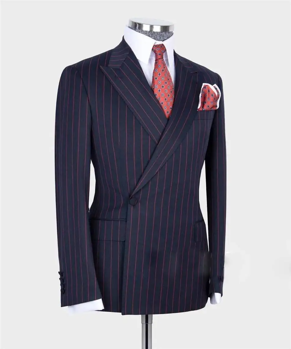 Men's 2 Piece Suit Navy Blue Striped Double Breasted wear Blazer Pants Autumn Formal Business Wedding Groom Tuxedo Customized