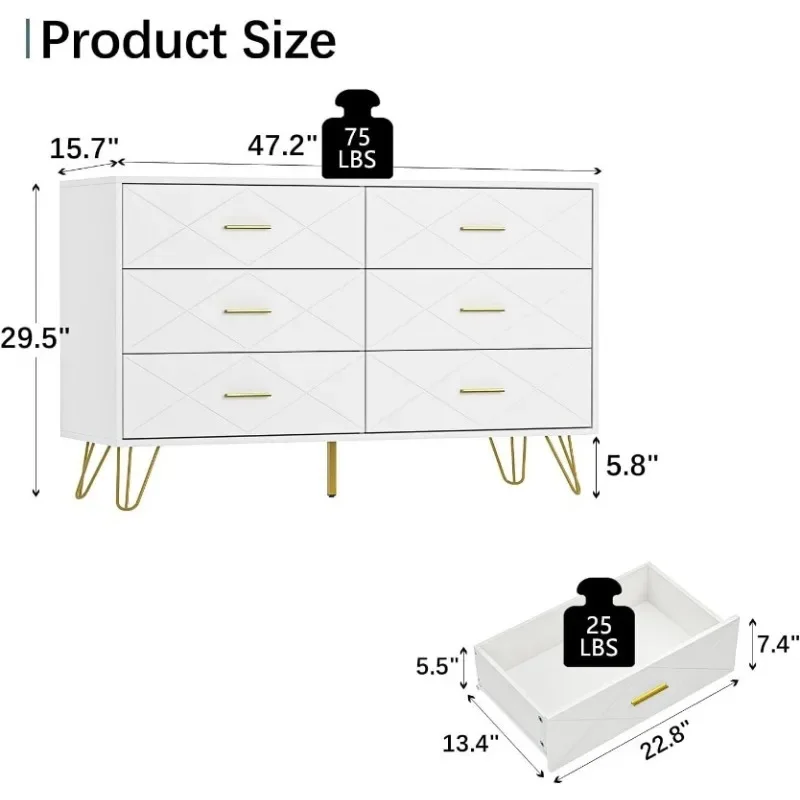 Cômoda para quarto, cômoda com 6 gavetas profundas, peito largo de gavetas, punhos dourados para sala de estar, 15,7 em D em x 47,2 em W x 29,5 em H