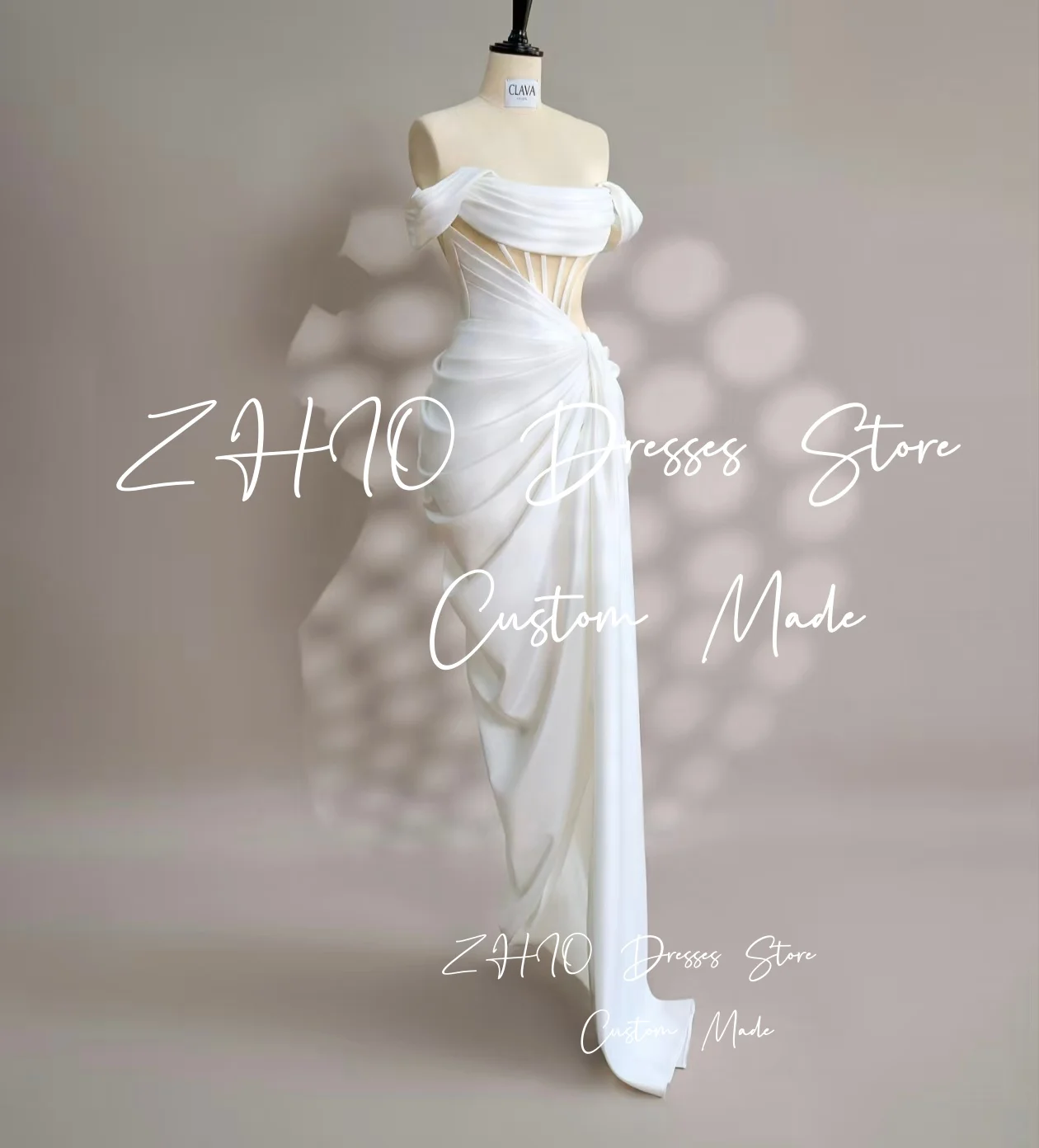 فستان سهرة أبيض أنيق من ZHIO بدون أكتاف مشد حورية البحر ذيل محكمة من الساتان مناسبة خاصة لحفلات الزفاف حسب الطلب
