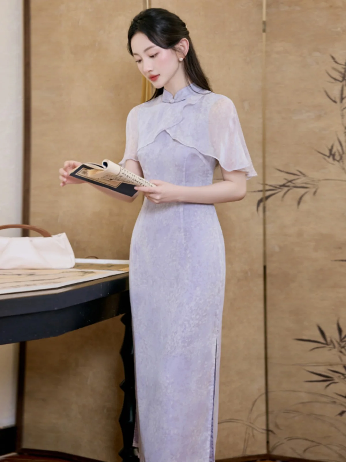 

Фиолетовое винтажное китайское платье миди для девочек с высоким разрезом, из дышащей хлопковой смеси, с коротким рукавом