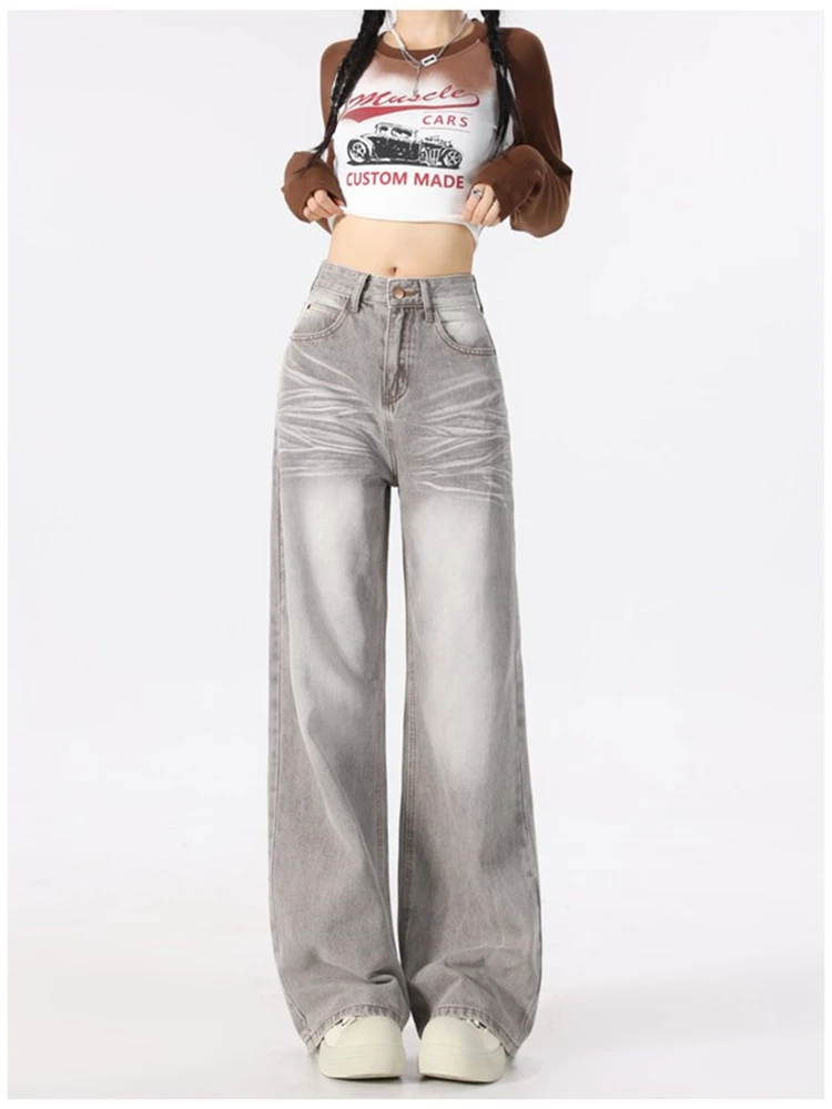 

Women's Cat Beard Pattern Retro Grey Baggy Jeans Cool Girl Fashion Pants Female High Waist Straight Wide Legs Trousers