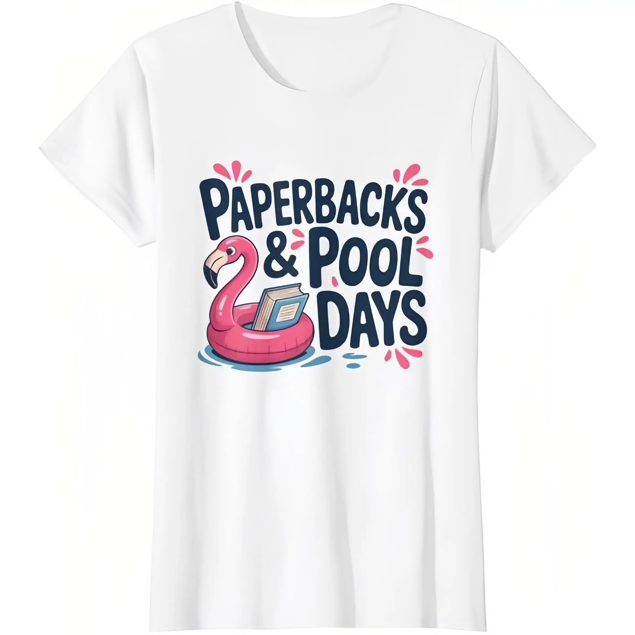 

Paperbacks & Pool Days T-Shirt Funny Reading Graphic Tee Unisex Summer Vacation Apparel Flamingo Book Lover Gift