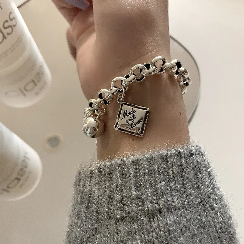 

925 Sterling Silver English Square Charms Bracelet for Women Ball Hip Hop Thai Silver Bracelet