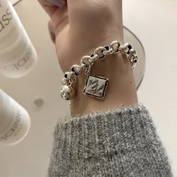 925 Sterling Silver English Square Charms Bracelet for Women Ball Hip Hop Thai Silver Bracelet