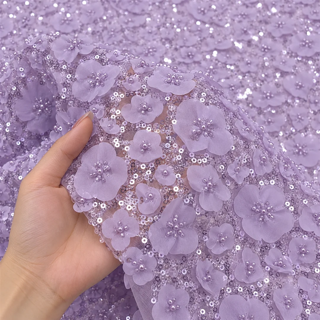 Luxury African Beaded 3D Laser Flower Lace Fabric Sequins Tulle Embroidery Nigerian Floral Applique for Wedding Evening Dress