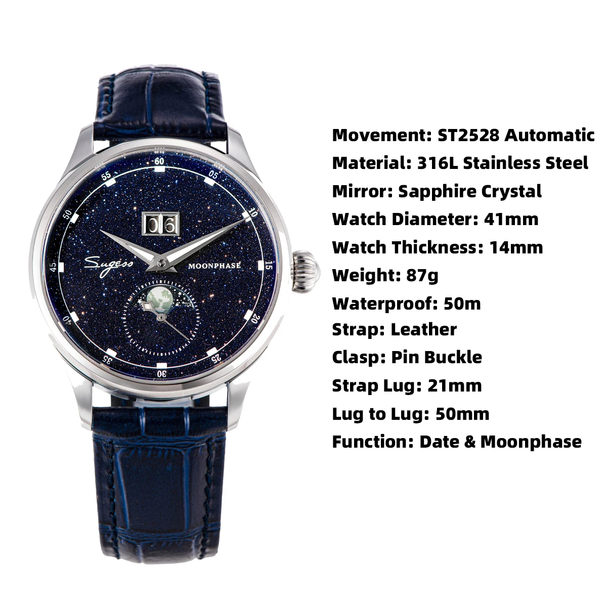 Sugess Origin ST2528 Movement Mechanical Wristwatch Men Watch Luxury Real Blue Stone Dial Stainless Steel Case Moonphase Clock