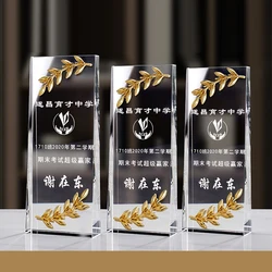 Metal Golden Leaf Shaped Transparent Crystal Trophy, Customized Lettering Color Printing Award, Home Desk Decoration, 1Pc