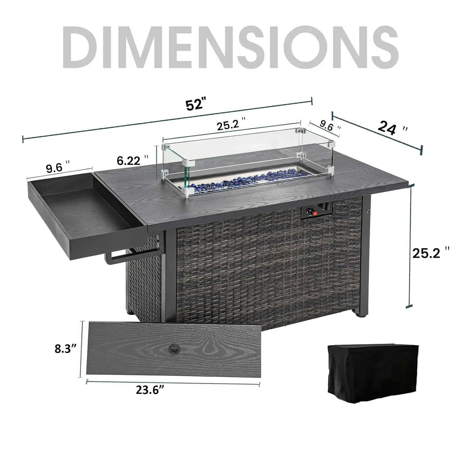 52 Inch Outdoor Fire Pit Table, 50,000 BTU Propane Fire Table with Storage Shelf, Glass Wind Guard and Lid, Wicker, Customized