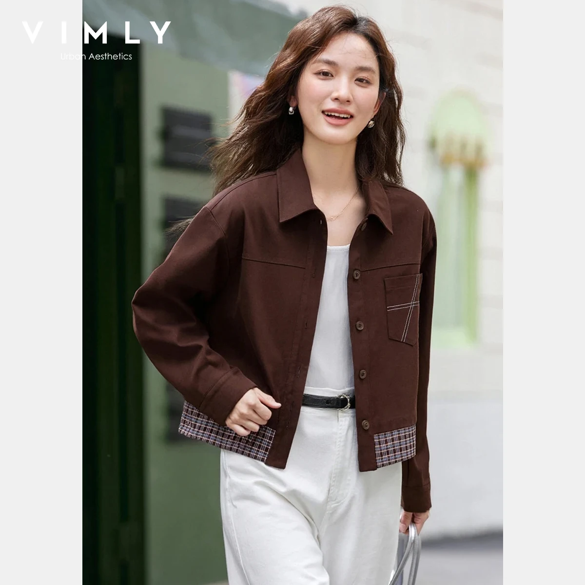 

VIMLY женские короткие куртки зима 2025 из чистого хлопка в полоску, верхняя одежда с отложным воротником и длинными рукавами, женские пальто A2853