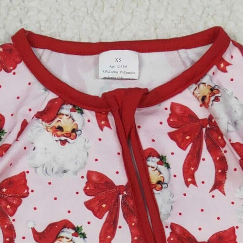 Bebê recém-nascido menina macacão de natal em torno do pescoço manga longa comprimento total vermelho santa arcos footie zíper macacão para criança