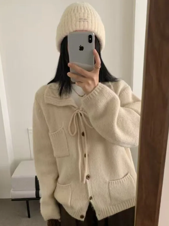 

Свободный вязаный открытый кардиган, женский модный откидной воротник с поясом, дизайнерский свитер Jaet, осень-зима, новый Sle, повседневный ленивый