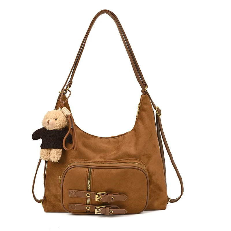 

Vintage Autumn Large-capacity Faux Suede Shoulder Hobo Bag Multi-pocket Design Commuter Underarm Bag Hot Girls Y2k Backpack