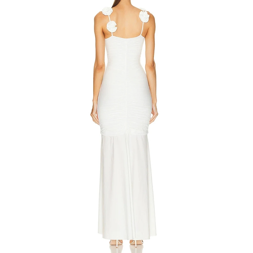 Biała kwiatowa spódnica na ramiączkach z lodowego jedwabiu, europejsko-amerykańska sukienka damska, długa, francuska, wyszczuplająca, podkreślająca biodra - GZXX369