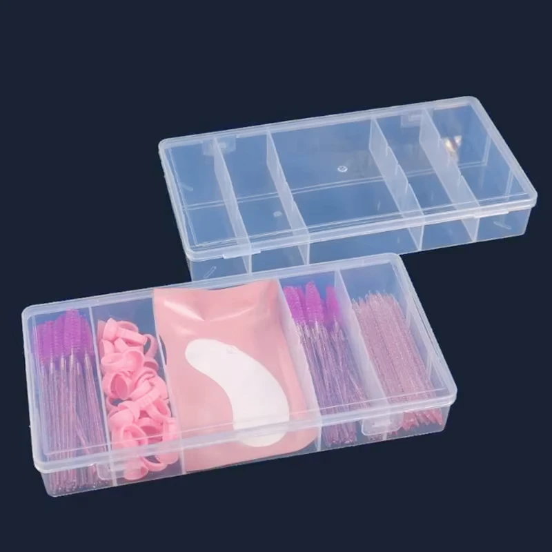 Rettangolare trasparente con coperchio Organizzatore verticale per strumenti per estensione ciglia a 5 griglie - Scatola portaoggetti per trucco con supporto per pinzette per colla