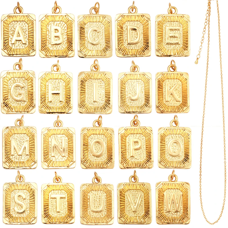 Hip Hop Style Rectangle 18K Gold Plated Initial Name A-Z Letter Charm Pendant Necklace,Trendy Jewelry Findings for Women Men L82