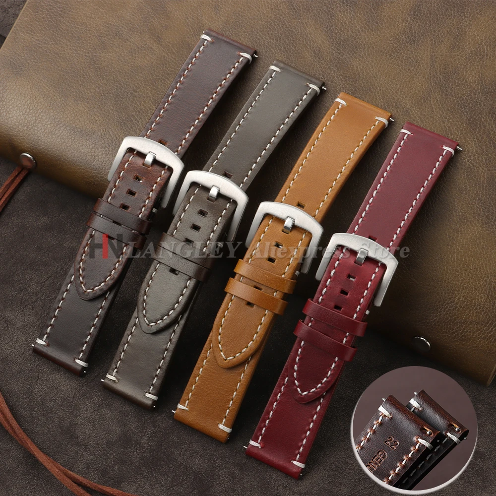 Schnellverschluss Vintage Ölwachs Echtleder Uhrenarmband 20mm 22mm Genähtes Armband für Omega Braunes Handgelenksband für Seiko Gürtel