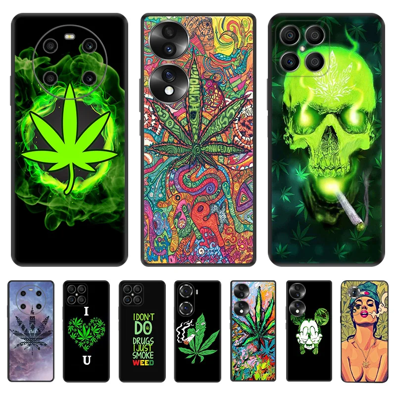 Black Soft Phone Case for Honor Magic5 Pro X7b X8b X9b X6 X7 X8 A 90 70 Abstractionism Trippy Weed Leaf Pixel 7 8 6a 7a 8a Cover