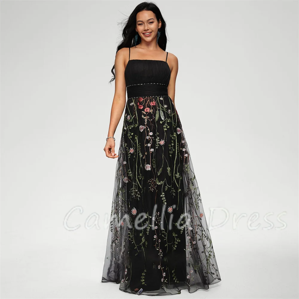 

New A-line Evening Dresses Straight Neck Tulle Party Dresses With Beading Formal Dresses Vestidos De Fiesta فساتين السهرة