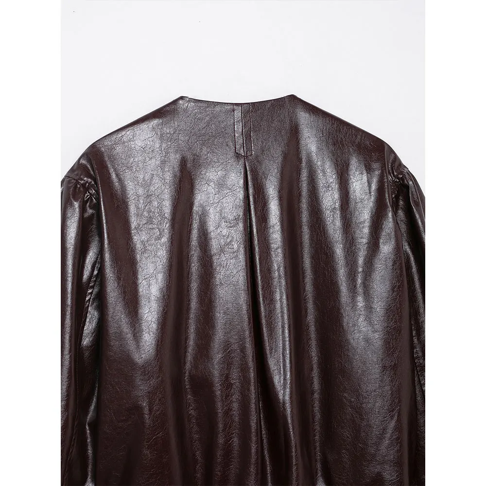 DUOPERI Women Fashion PU Coffee Bomber Jackets Casual O-Neck Long Sleeves Coats Female Elegant Chic Lady Outfits