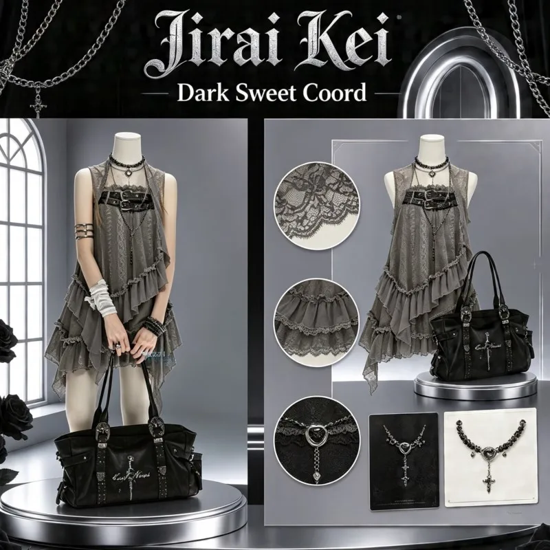 

Belt Spliced Mesh Tiered Slip Dress With Choker Armor Jirai Kei Gothic Cross Embroidery Lace Irregular Ruffle Mini Dress Dark