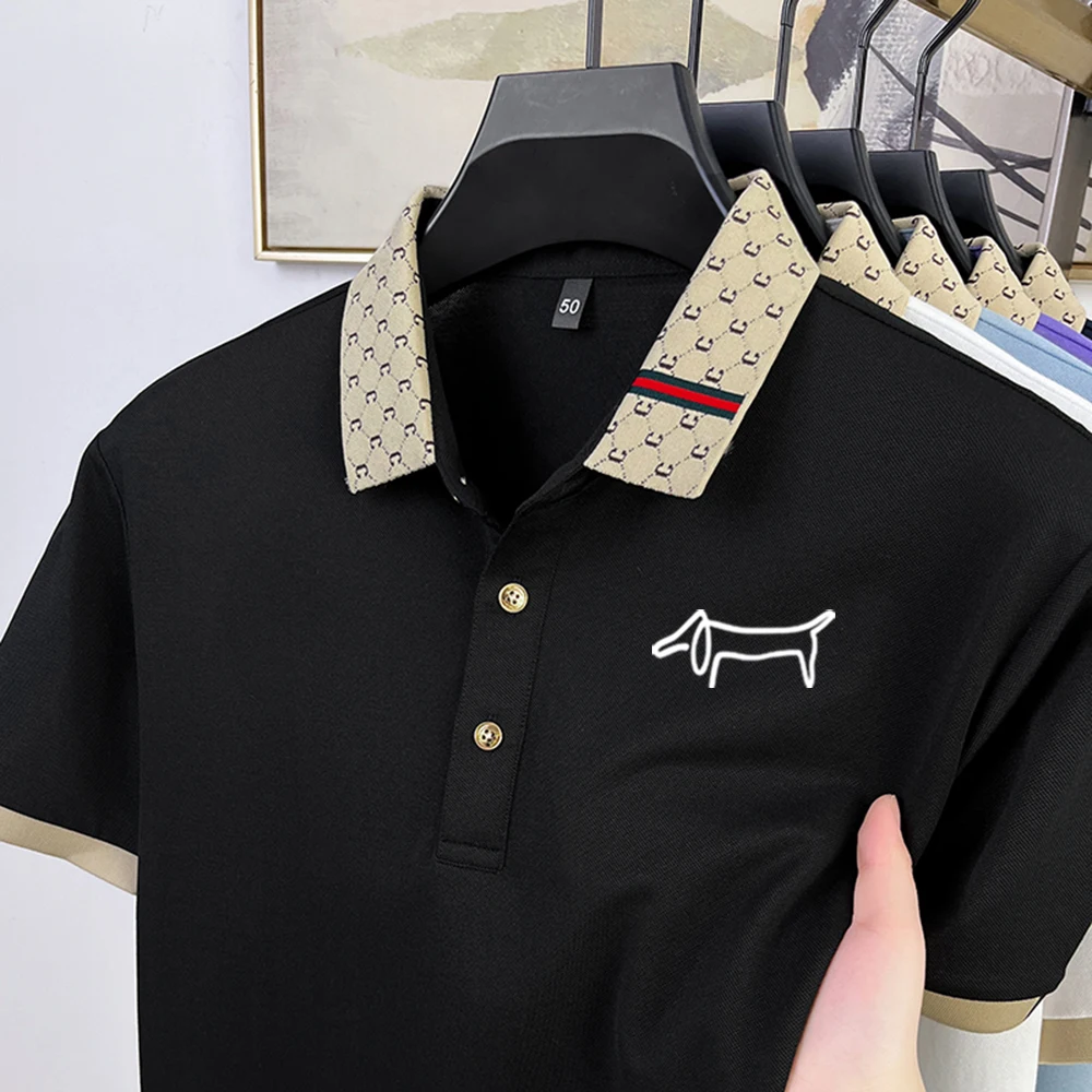 Men's summer short sleeved high-quality silk cotton polo shirt paired with cartoon dog print comfortable golf casual sportswear