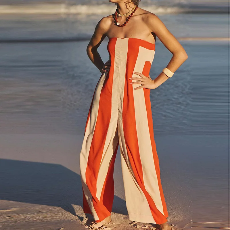여성 섹시한 Strapless 민소매 긴 Romper 패션 Hight Street 느슨한 파티 Playsuit 우아한 줄무늬 인쇄 Wide Legger Jumpsuit