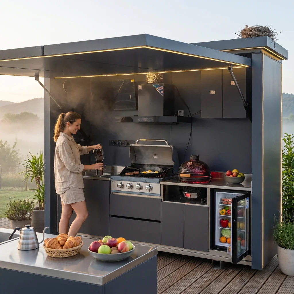 High Quality Enclosed Weatherproof Modular Outdoor Kitchen Hut With BBQ Grill And Sink For Patio Garden Barbecue Gathering