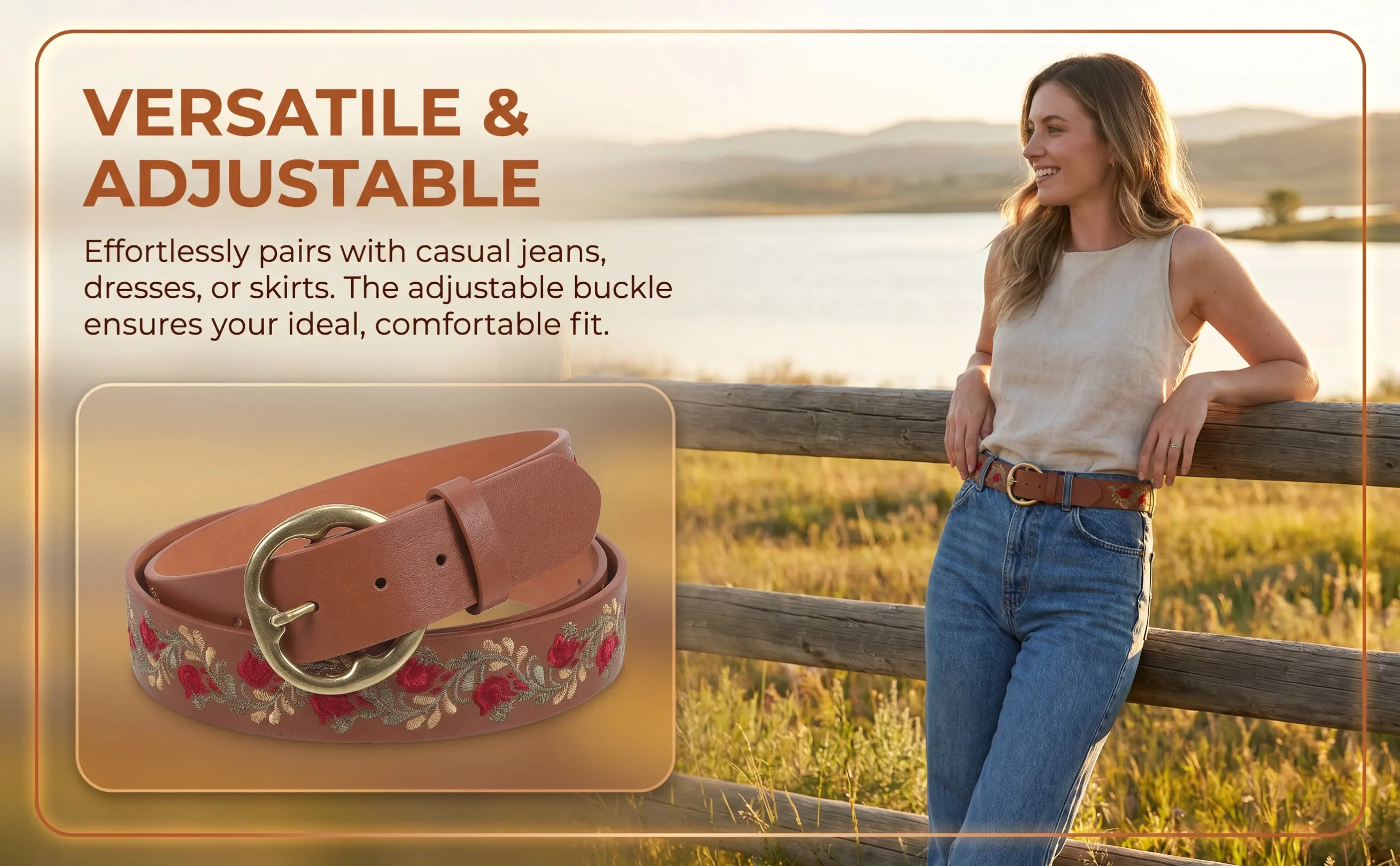 Boho Belt Belts for Women Jeans Buckle Embroidered Waist Dress Brown Decorative