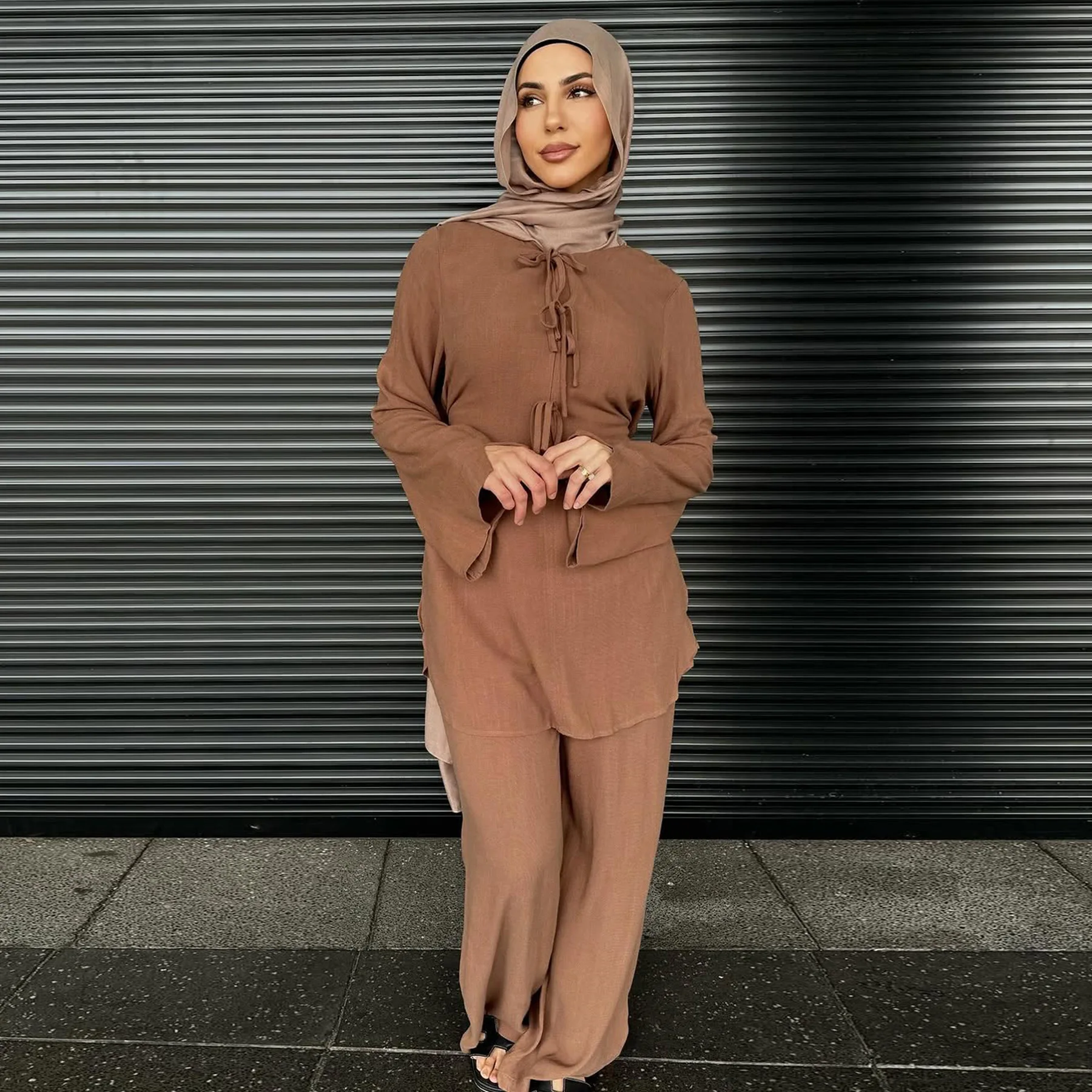 

Bowknot Cotton Linen Muslim Sets 2 Piece Tops and Pants Outfit Dubai Turkish Islamic Clothing Ramadan Eid Abaya Kaftan Ensembles