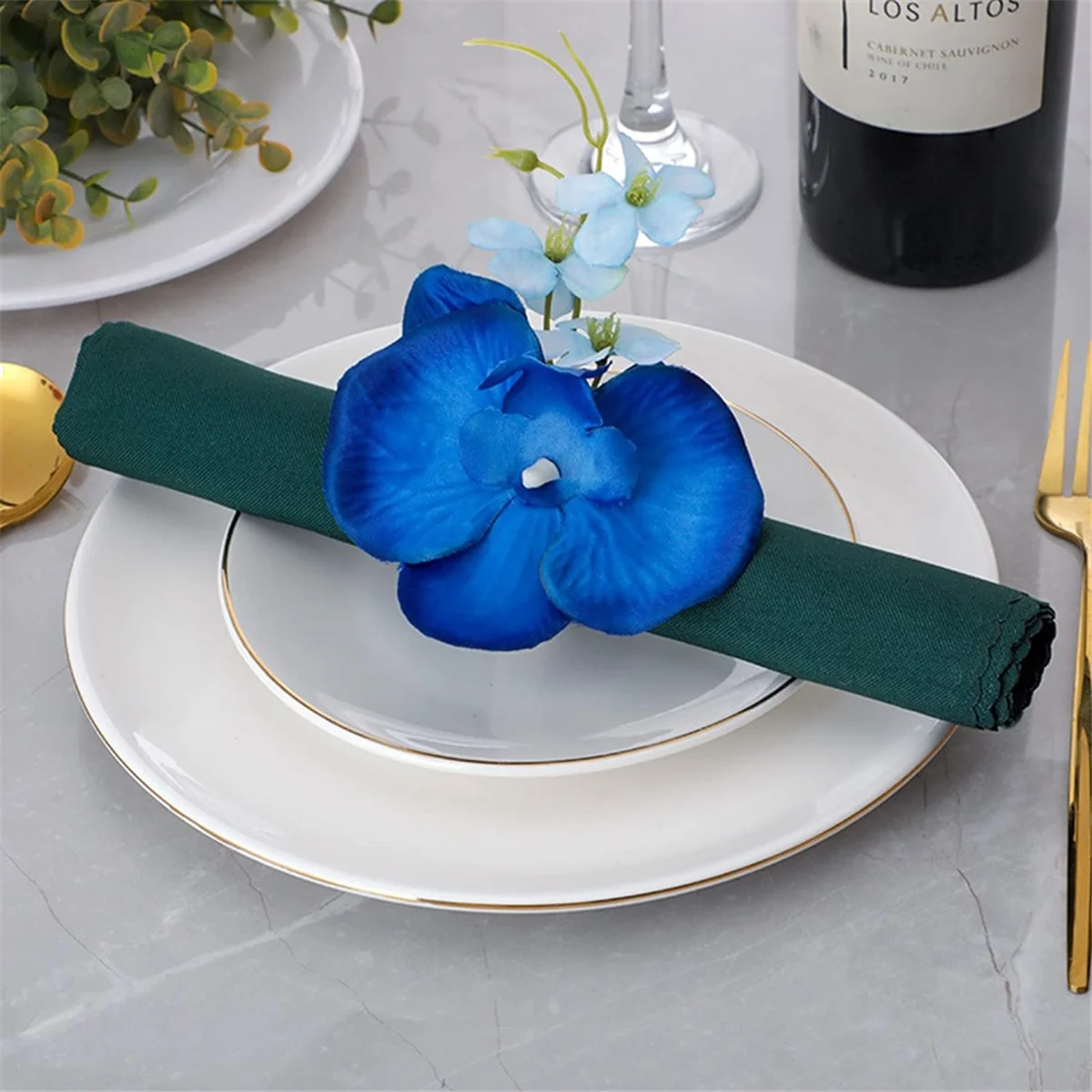 新しい 6 個手作り蘭の花ナプキンリングブルーフラワーホルダー手作りナプキンバックルリング結婚式のテーブルの装飾