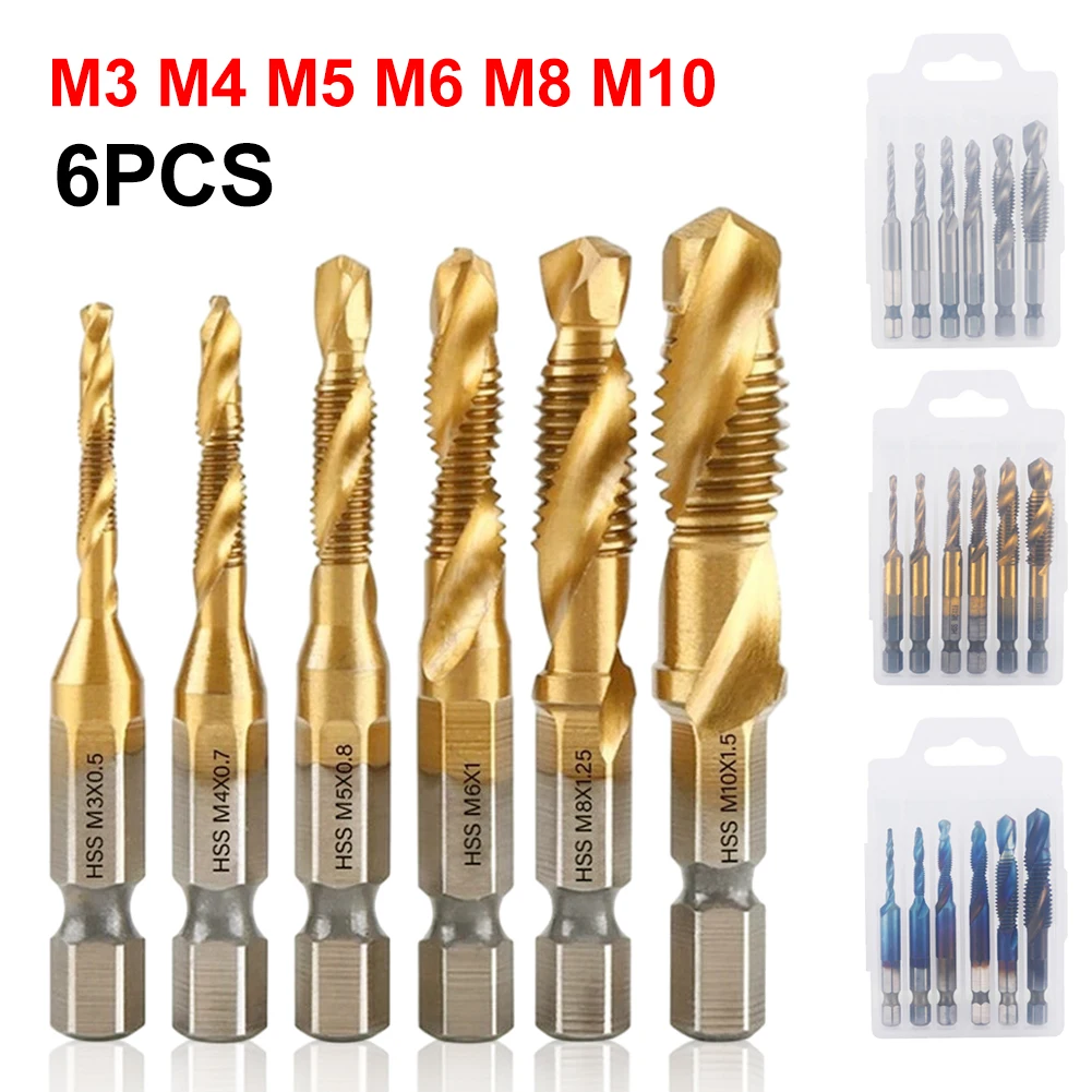 

1/6Pcs Tap Drill Bit Set Hex Shank Titanium Plated HSS Screw Thread Bit Screw Machine Compound Tap M3 M4 M5 M6 M8 M10 Hand Tools