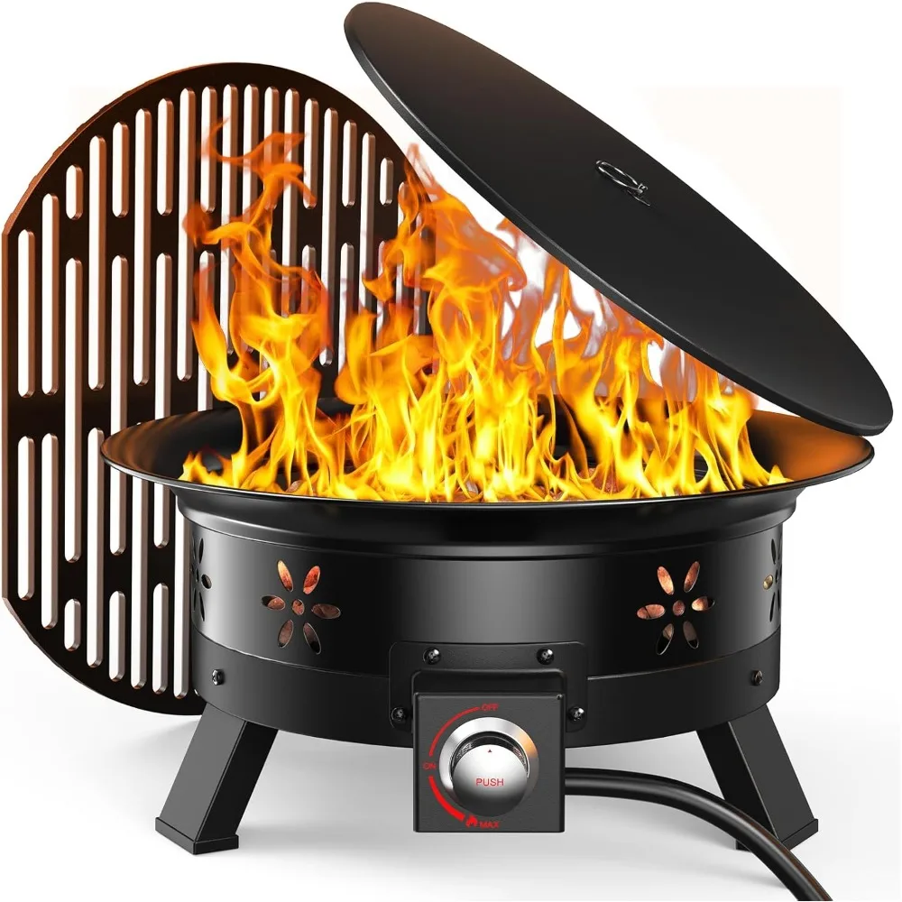 

19 Inch Propane Fire Pit with Grill, 58,000 BTU, Folding Legs, Tank Holder, Cover, and Carry Strap by Amada Homefurnishing