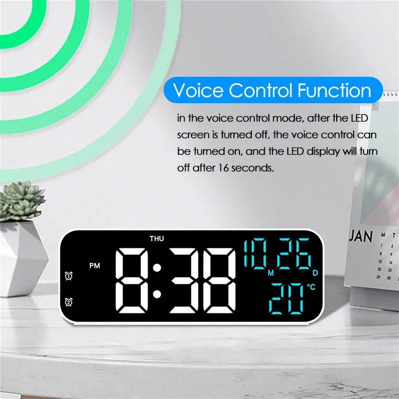 9inch LED Clock Voice Control Digital Alarm Clock Date Time Temperature Display Tabletop Mute Electronic Clock Dual Alarms