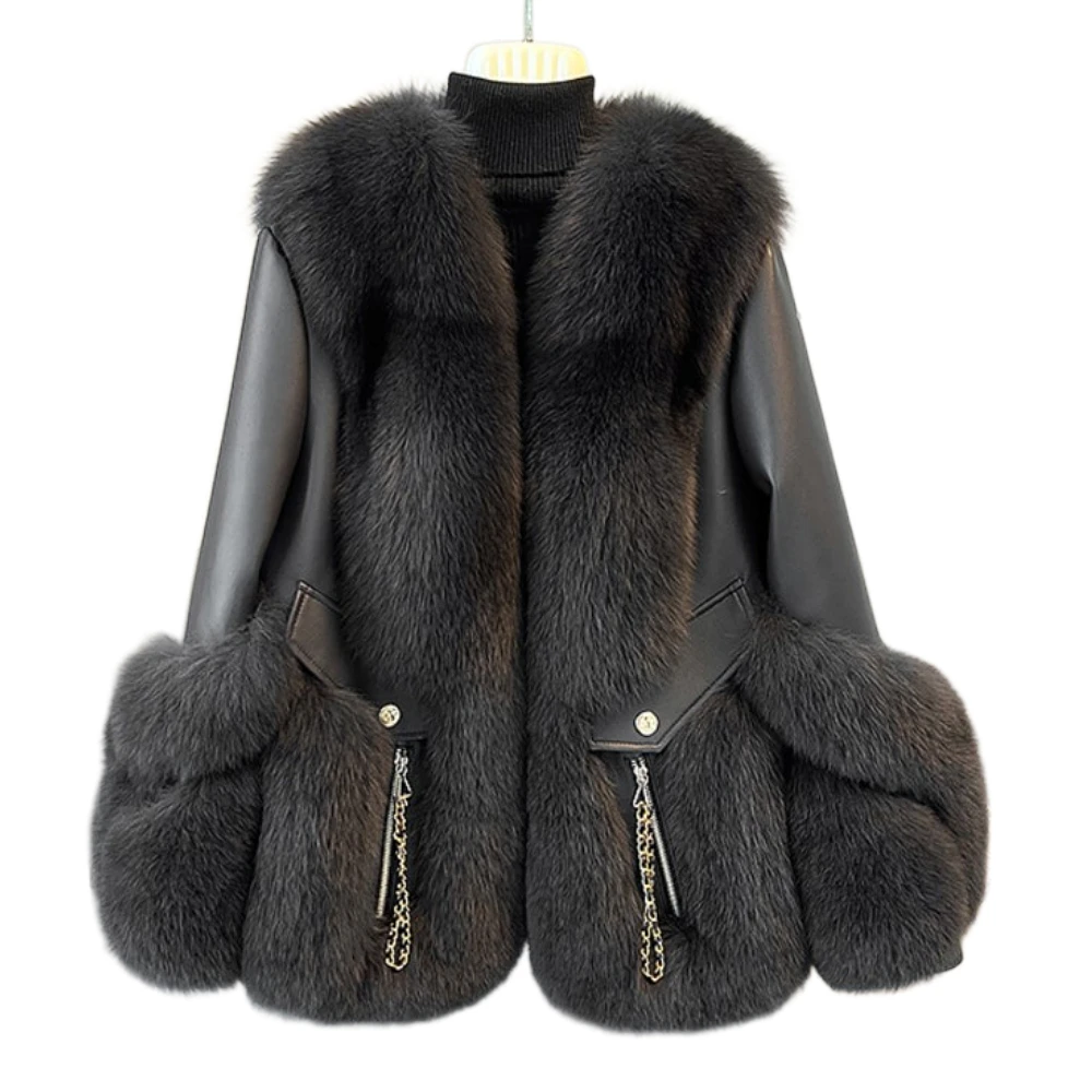 2023 New Fox Fur Fur Coat Women\'s Mid-Length Sheepskin Fur and Leather Overcoat White Goose Down