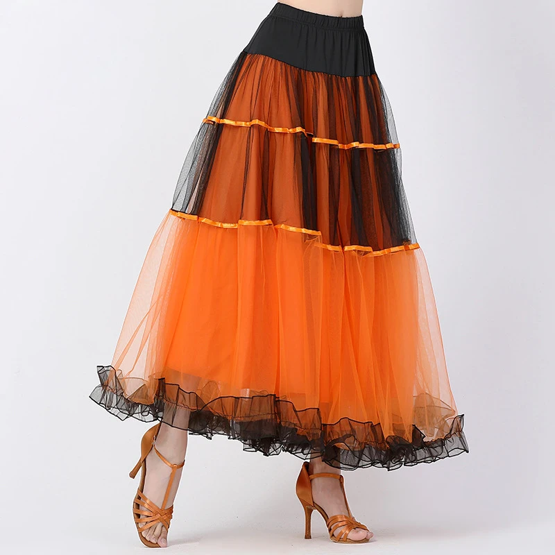 Modern Dance Women Ballroom Dance Clothes Full Circel Dance Gauze Long Skirt 3 Layers Patchwork Multicolors Tutu with Ruffle