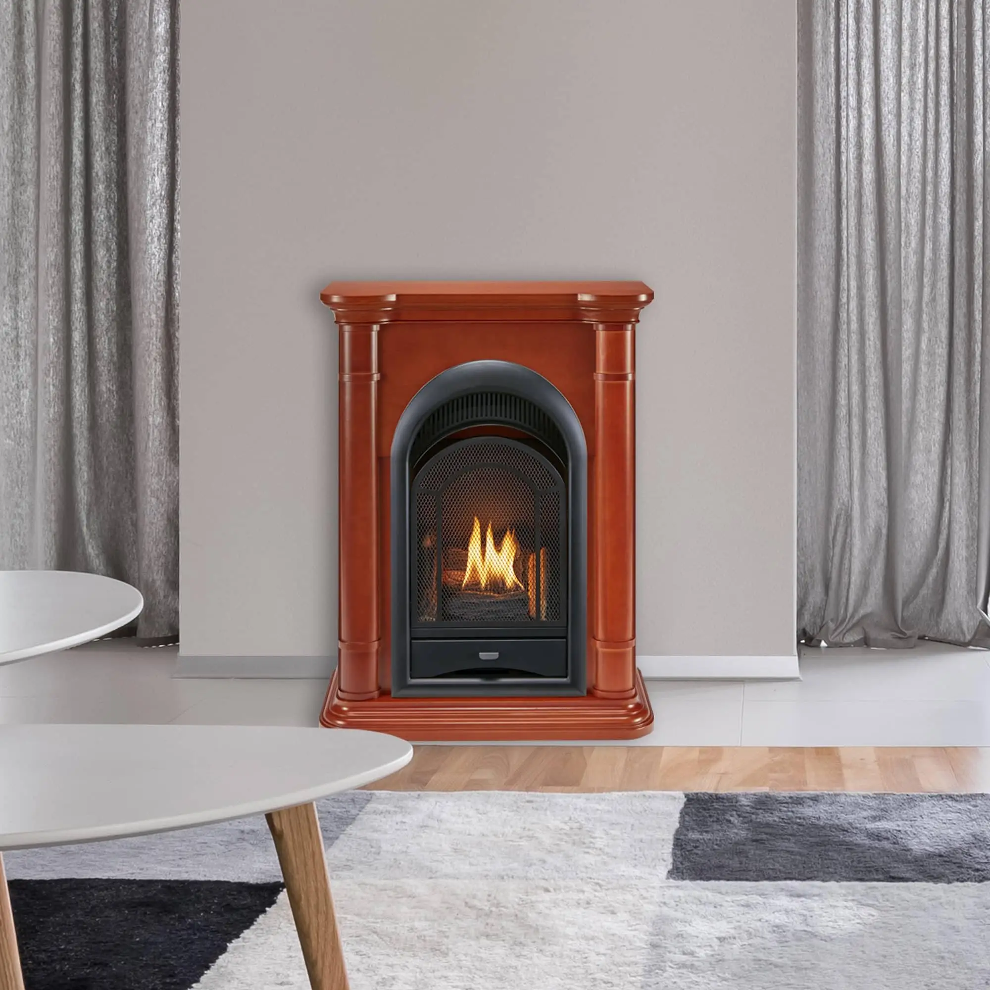 Dual Fuel Ventless Gas Fireplace System with Corner Combo Mantel - 15,000 BTU, T-Stat, Antique White Finish - Model#