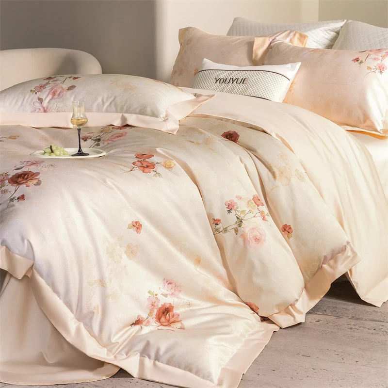 Egyptian Cotton Bedding Set Luxury Watercolor Rose Printed Duvet Cover Set Wide Edge Soft 4Pcs Bed Sheet Pillowcase Home Textile