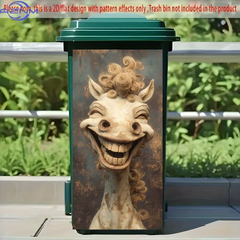 2D Flat Printing 1pc Trash Can Sticker 37×82cm Humorous Horse Face Design Self-Adhesive Wallpaper Decoration Suitable for Tras