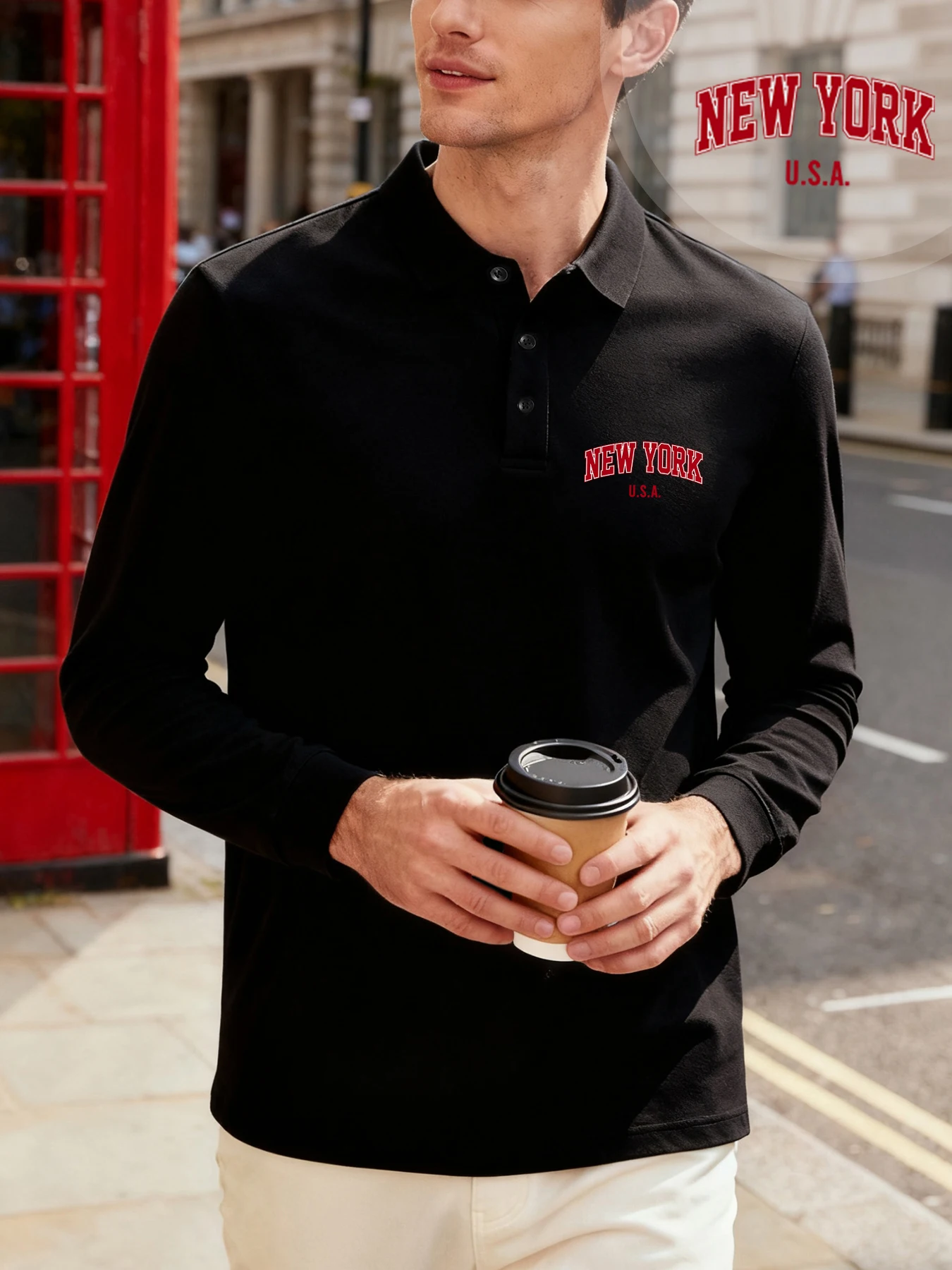 Camisetas con estampado de Nueva York y Estados Unidos para hombre, Polo de negocios de otoño, camisetas culturales transpirables, camisetas informales combinables de manga larga para hombre