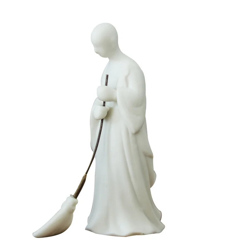 Pure White Zen Chinese Ceramic Figure Sweeping Monk Whiteware Porcelain Home Decoration Accessories for Living Room Gift