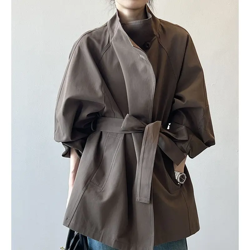 

Women Coats Trench Long Sleeve Jacket Stand Collar Solid Pockets Spliced Sashes Slight Strech Cardigan Outerwear High Street