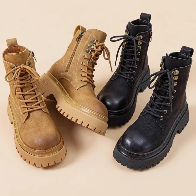 Comemore Botki damskie Moda Skórzane jesienne buty damskie Gruby obcas Platforma Buty motocyklowe Brytyjskie krótkie buty robocze