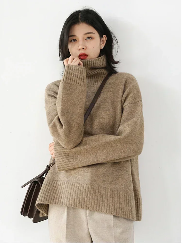 CHIC VEN Fashion Women\'s Loose Turtleneck Sweaters Warm Solid Pullover Knitwear Basic Female Jumpers Autumn Winter 2023