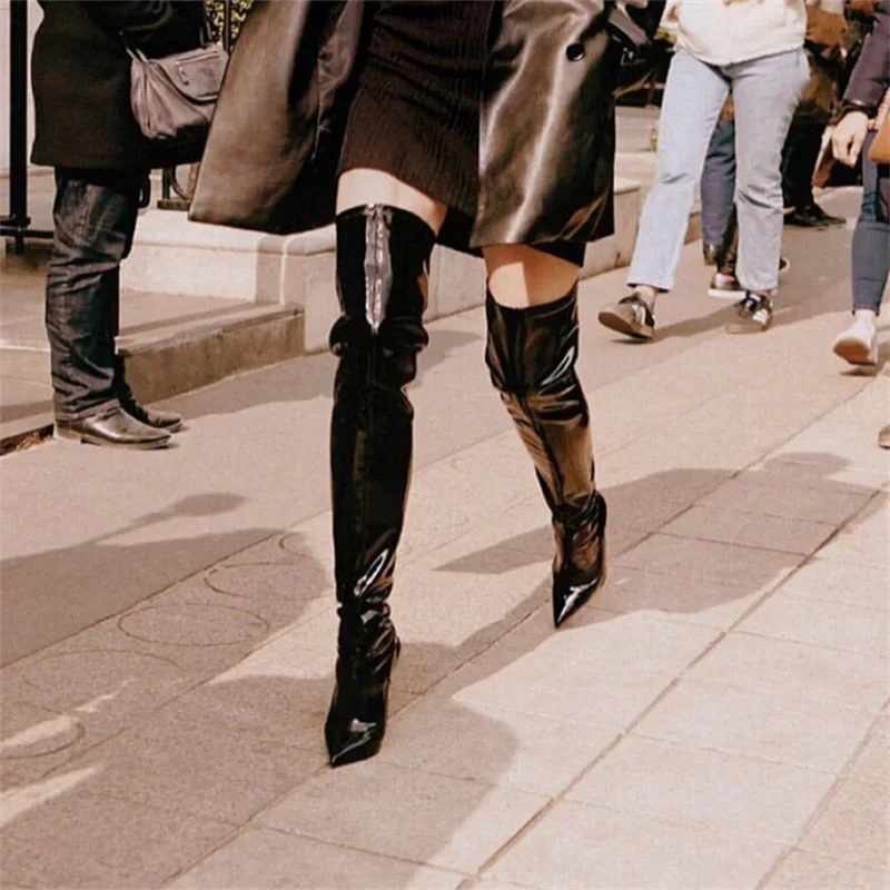 New Modern Slim Heel Women Shoes Caramel Black Over The Knee High Boots Side Zipper Elastic Female Shoes Long Tube Boots